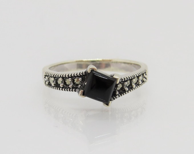Vintage Sterling Silver Square Black Onyx & Marcasite Ring Size 9
