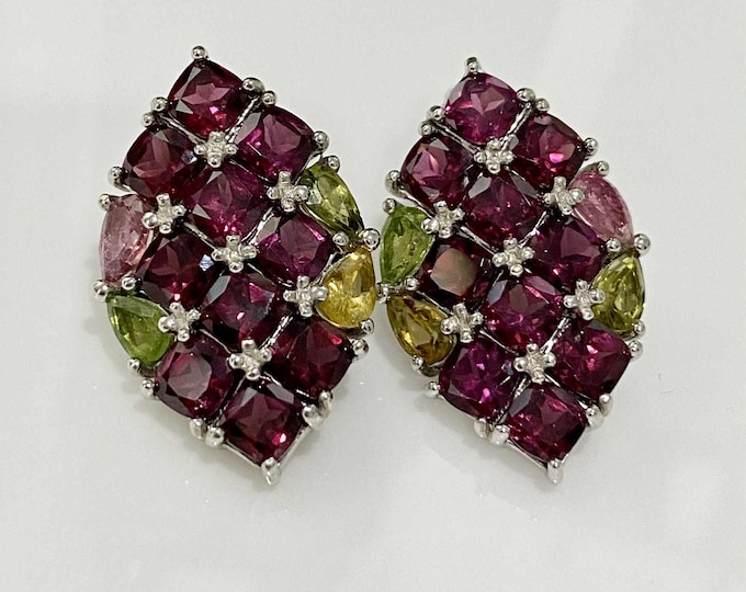 Vintage Sterling Silver Natural Rhodolite & Tourmaline Earrings.