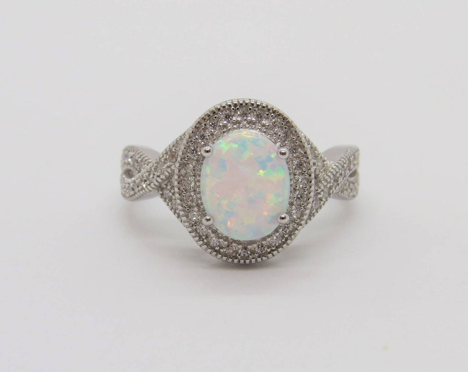 Vintage Sterling Silver White Opal & White Topaz Twisted Halo Ring Size 7