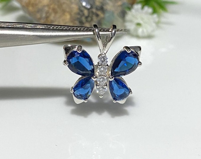 Vintage Sterling Silver Blue Sapphire & White Topaz Butterfly Pendant.