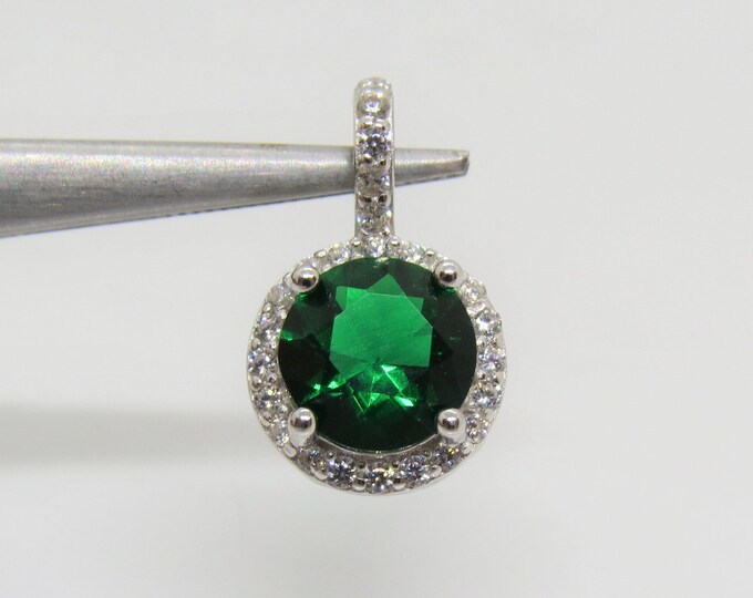 Vintage Sterling Silver Round cut Emerald & White Topaz Pendant