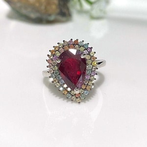 Anillo vintage de plata de ley con rubí natural de 3 quilates y zafiro multicolor, talla 6 1/4
