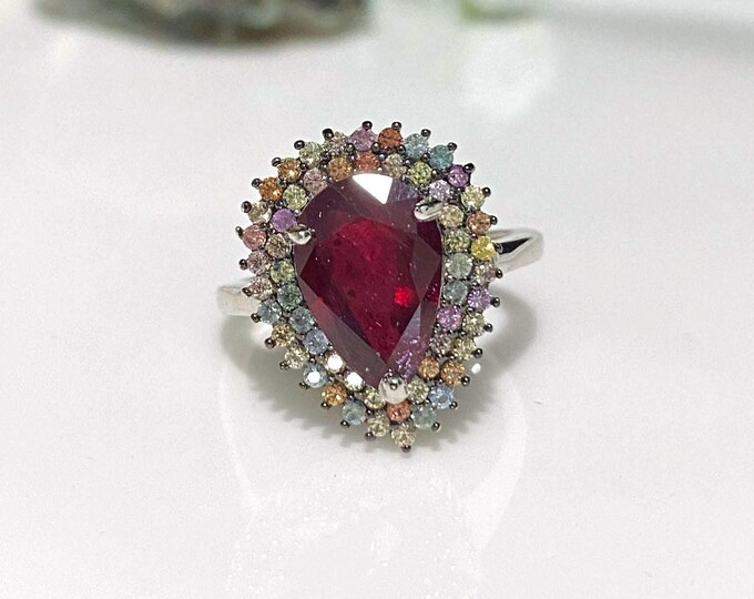 Vintage Sterling Silver 3ct Natural Ruby & Multi Color Sapphire Ring Size 6 1/4