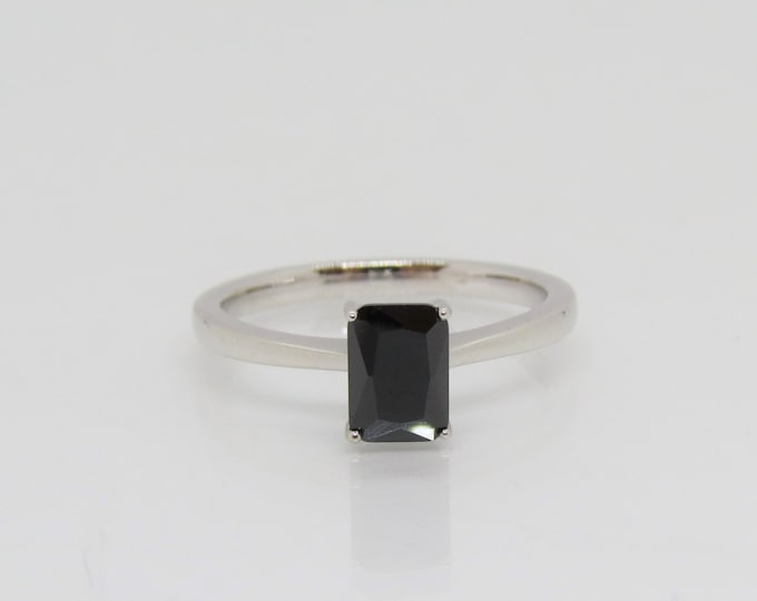 Sterling Silver Emerald Cut Black Sapphire Ring.
