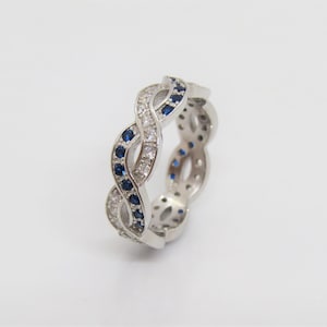 Vintage Sterling Silver White Topaz & Blue Sapphire Twisted Band Ring Size 7