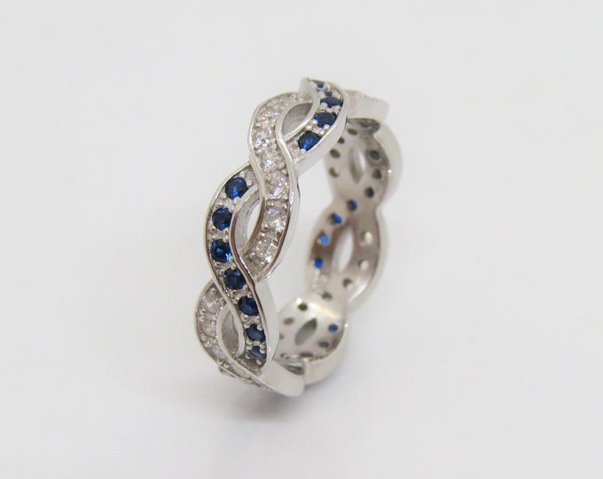 Vintage Sterling Silver White Topaz & Blue Sapphire Twisted Band Ring Size 7