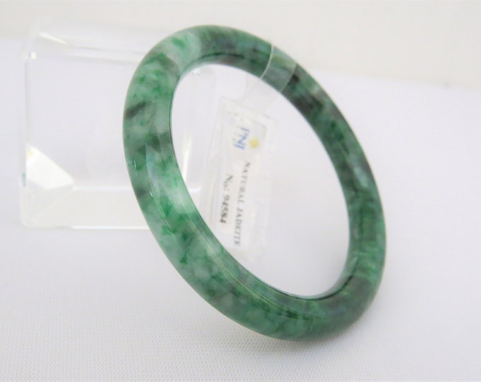 Translucent Natural Floral Dark Green, Black Jadeite Jade Vintage Bangle Bracelet 51.1MM