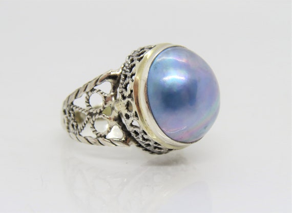 Vintage Sterling Silver Mabe Pearl Filigree Dome … - image 1