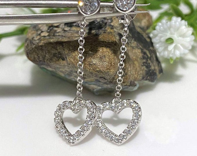 Vintage Sterling Silver White Topaz Heart Dangle Earrings