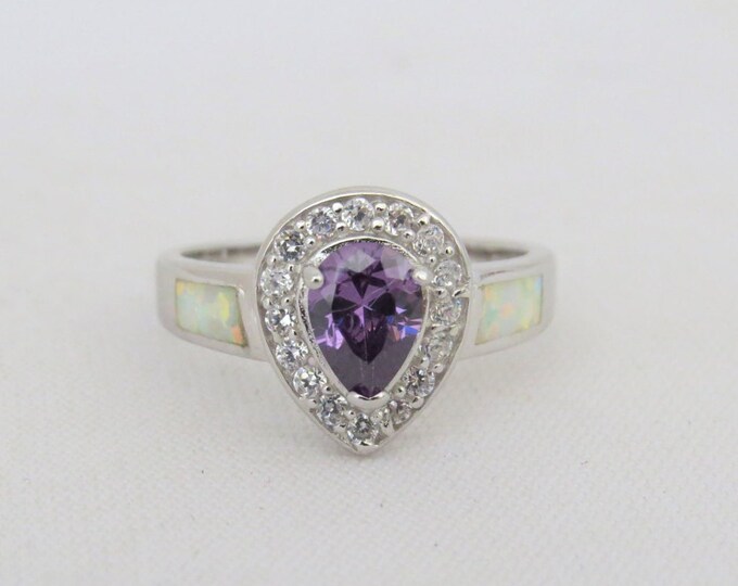 Vintage Sterling Silver Inlay Opal, Amethyst & White Topaz Halo Ring Size 9