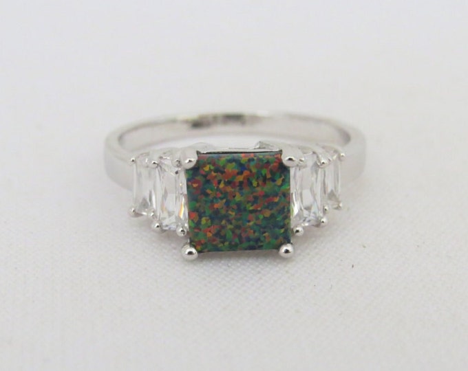Sterling Silver Princess cut Black Opal & White Topaz Ring Size 5