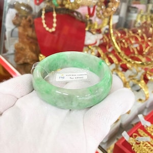 Vintage Translucent Natural Green, White Jadeite Jade Bangle Bracelet 54.6MM