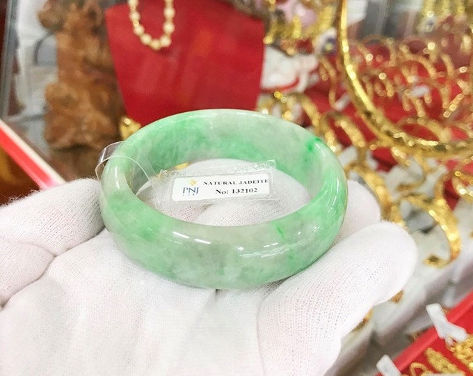 Vintage Translucent Natural Green, White Jadeite Jade Bangle Bracelet 54.6MM