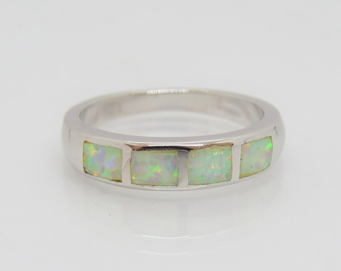 Vintage Sterling Silver White Opal Wedding Band Ring Size 8
