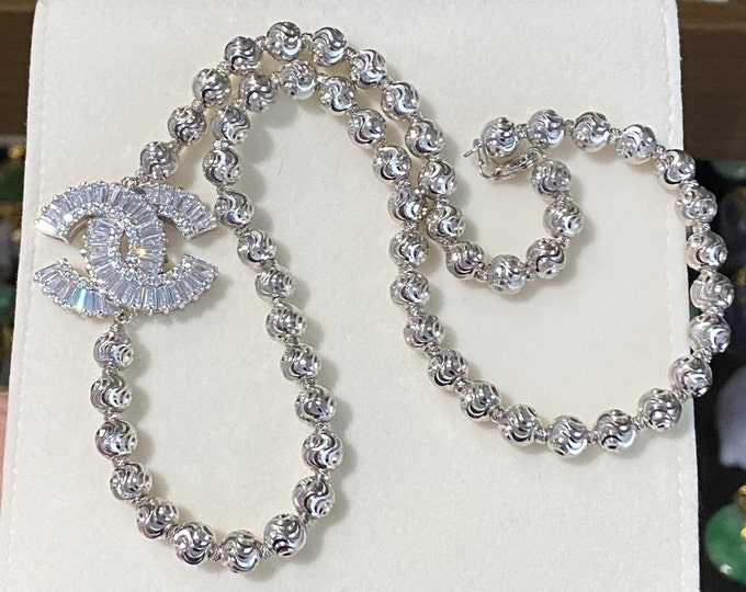 Vintage 18K 750 Solid White Gold White Sapphire Pendant, Ball Link Chain Necklace 17 1/2''