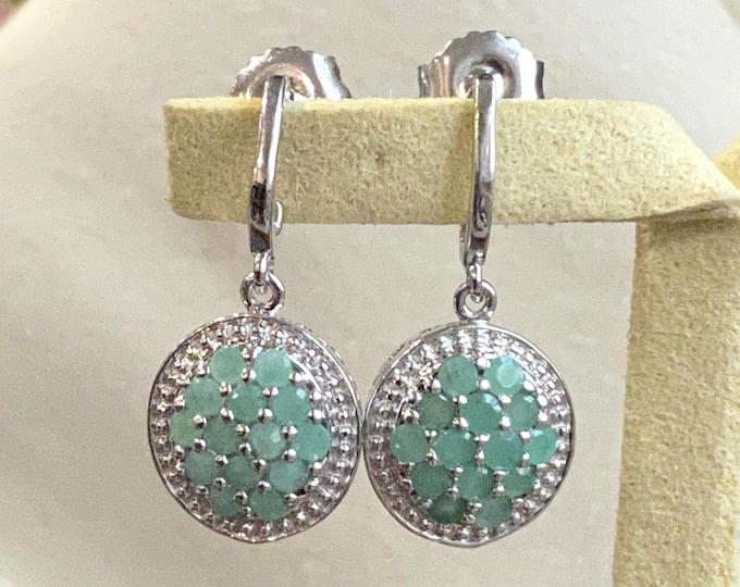 Vintage Sterling Silver Emerald Dangle Drop Earrings.