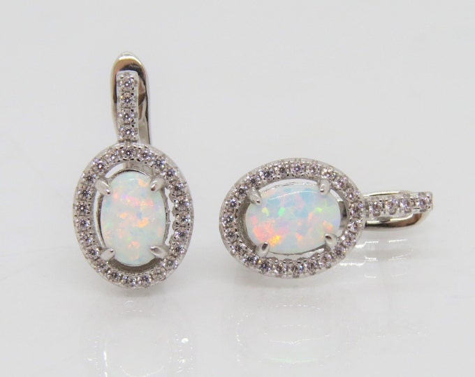 Vintage Sterling Silver Oval White Opal & White Topaz Earrings