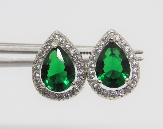 Vintage Sterling Silver Pear cut Emerald & White Topaz Halo Earrings