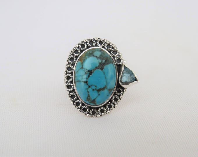 Vintage Sterling Silver Turquoise & Aquamarine Ring Size 6