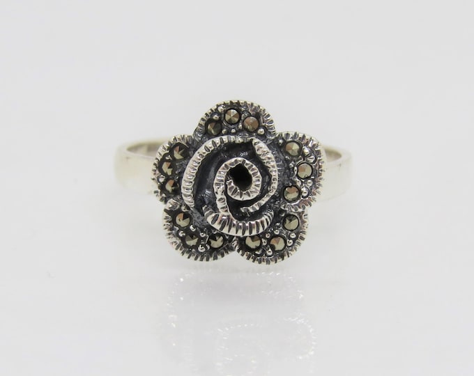 Vintage Sterling Silver Marcasite Rose Ring Size 7