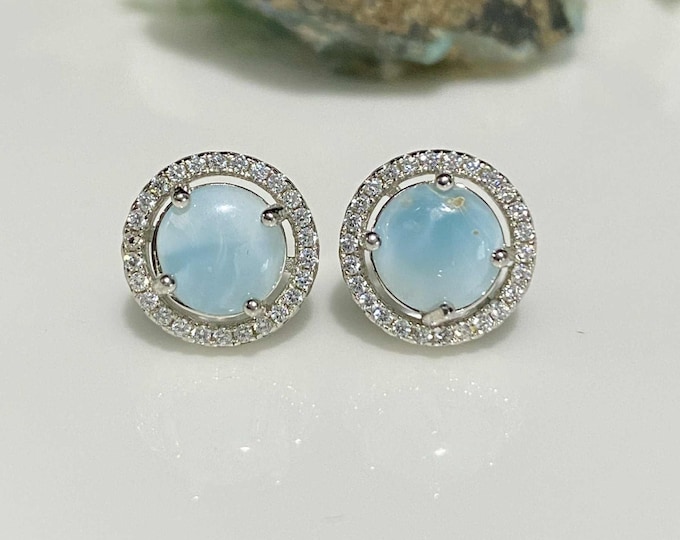 Vintage Sterling Silver Natural Larimar & White Topaz Halo Earrings