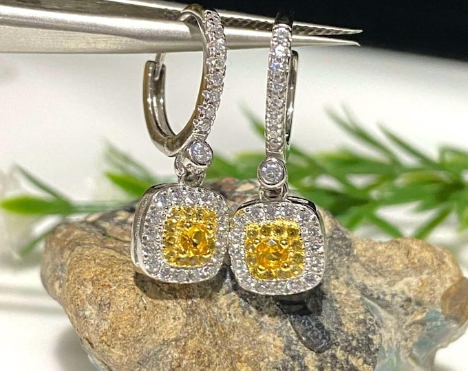 Vintage Sterling Silver Yellow Sapphire & White Topaz Dangle Earrings.