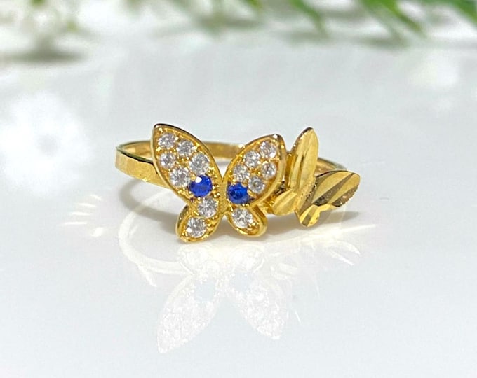 Vintage 18K Solid Yellow Gold Blue Sapphire & White Topaz Butterfly Ring Size 5.75
