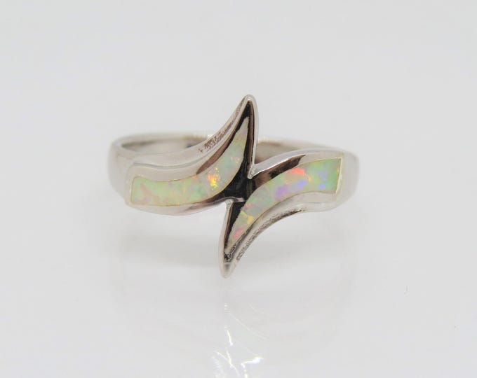 Vintage Sterling Silver White Opal Bypass Ring Size 7