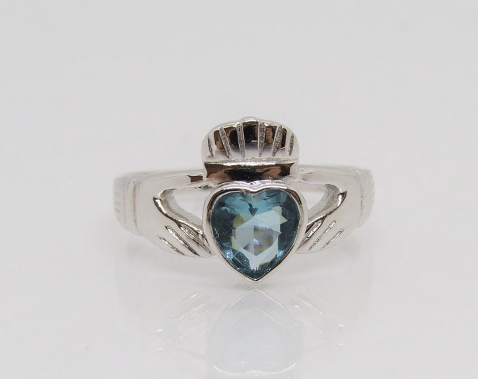 Vintage Claddagh Sterling Silver Aquamarine Ring Size 9