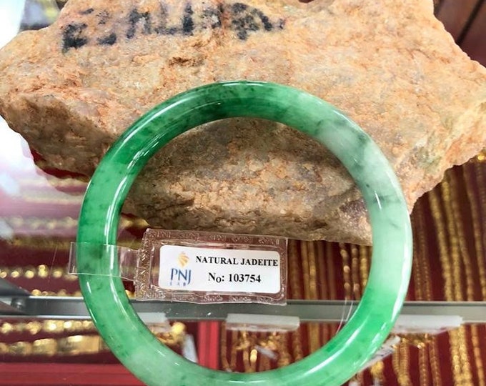 Translucent Natural Green, White Jadeite Jade Vintage Bangle Bracelet 57.2MM