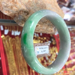 Vintage Translucent Natural Green, White Jadeite Jade Bangle Bracelet 60MM