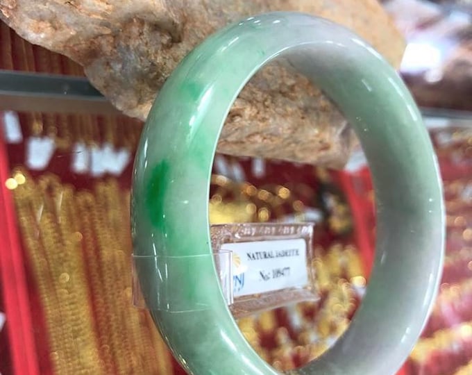 Vintage Translucent Natural Green, White Jadeite Jade Bangle Bracelet 60MM