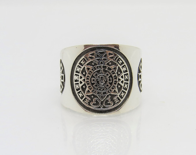 Vintage Sterling Silver Aztec Calendar Band Ring Size 12