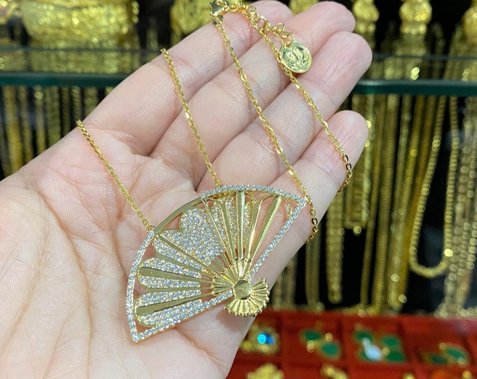 Vintage 18K Solid Yellow Gold White Topaz Moveable Fan Pendant Link Chain Necklace 16 1/2''