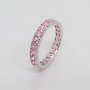 Sterling Silver Princess Pink Sapphire Band Ring.