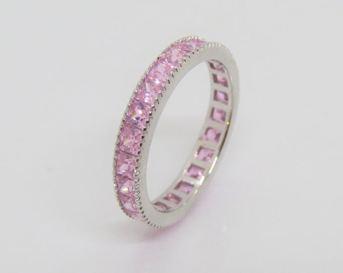 Sterling Silver Princess Pink Sapphire Band Ring.