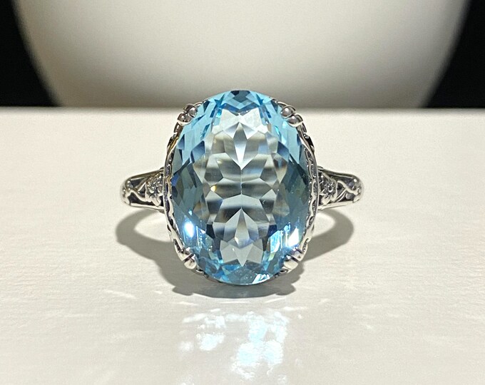 Vintage Sterling Silver Oval Aquamarine Flowers Filigree Ring Size 8