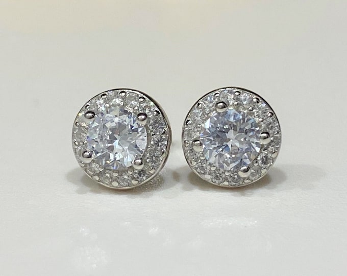 Vintage Sterling Silver White Topaz Halo Earrings.