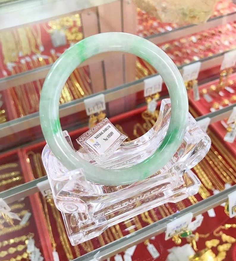 Vintage Translucent Natural Green White Jadeite Jade Bangle Bracelet 54.8MM