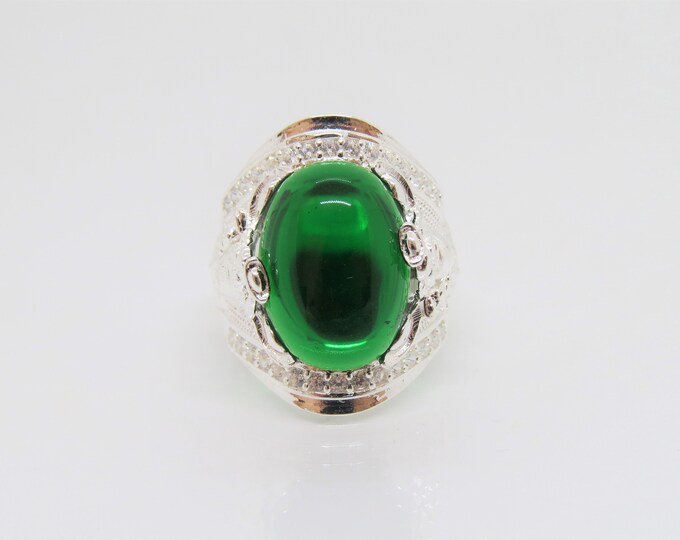 Vintage Sterling Silver Emerald Cabochon, White Topaz Mammon Wealth God Ring Size 9