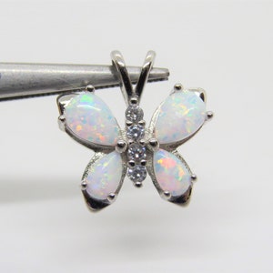 Vintage Sterling Silver White Opal & White Topaz Butterfly Pendant.