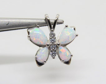 Vintage Sterling Silver White Opal & White Topaz Butterfly Pendant.