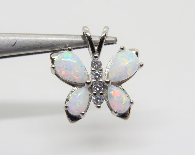 Vintage Sterling Silver White Opal & White Topaz Butterfly Pendant.
