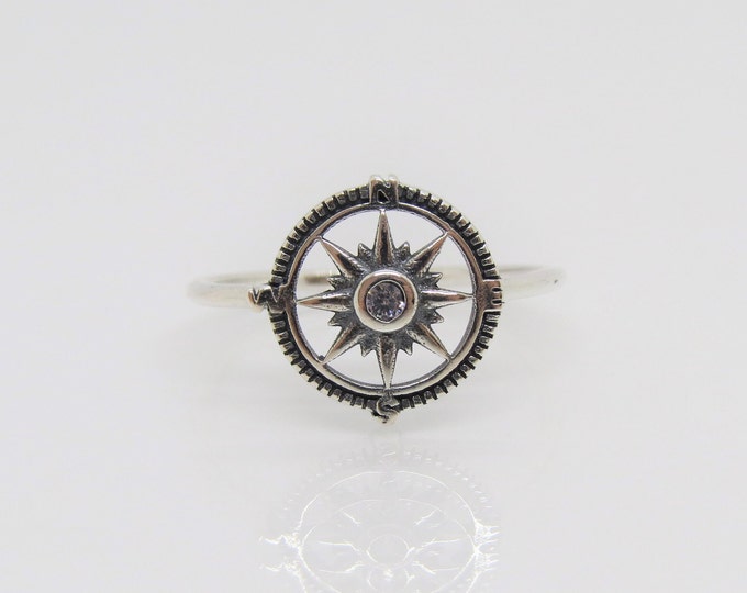 Vintage Sterling Silver White Topaz Compass Ring Size 9