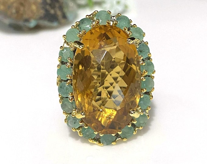 Vintage Sterling Silver Oval cut 24ct Natural Citrine & Emerald Ring Size 8