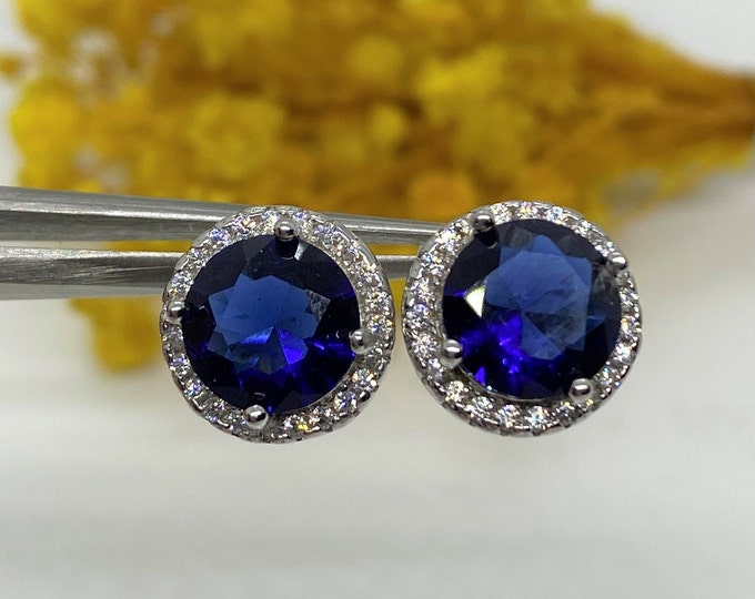 Vintage Sterling Silver Blue Sapphire & White Topaz Halo Earrings.