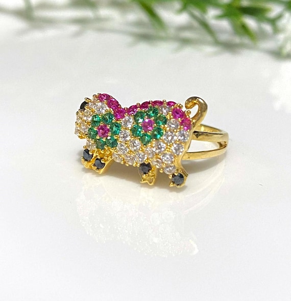 Vintage 18K Gold Pig Ring Ruby, Emerald, Sapphire… - image 7