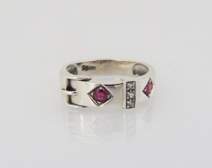 Vintage Sterling Silver Natural Ruby & White Topaz Belt Buckle Ring.