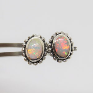 Vintage Bali Sterling Silver White Opal Oval Stud Earrings
