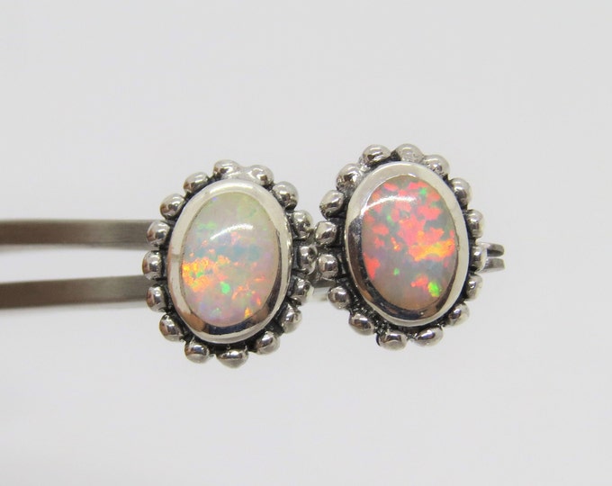 Vintage Bali Sterling Silver White Opal Oval Stud Earrings